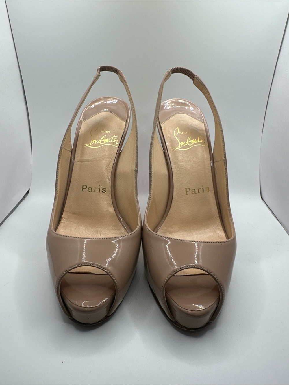 Christian Louboutin Beige Patent Peep-Toe Slingback Heels